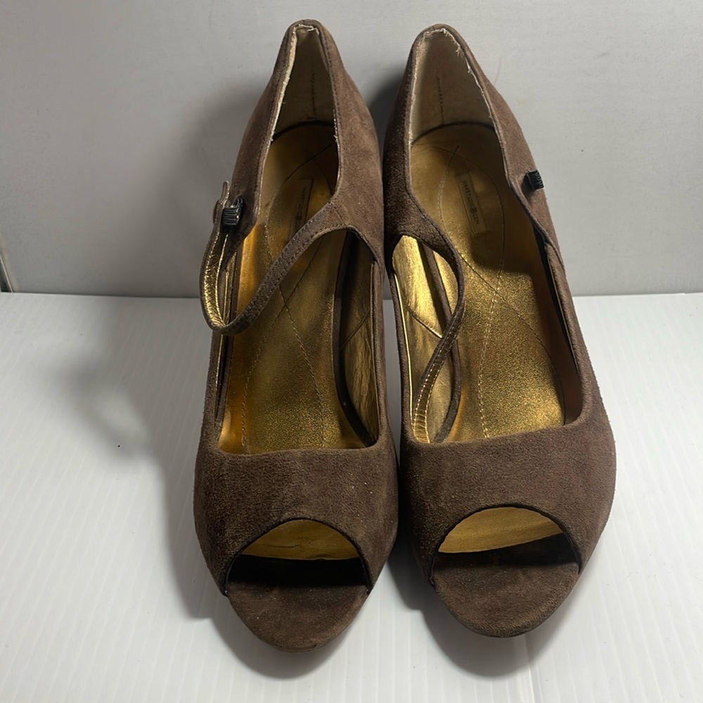Brown suede peep toe heels size 9.5